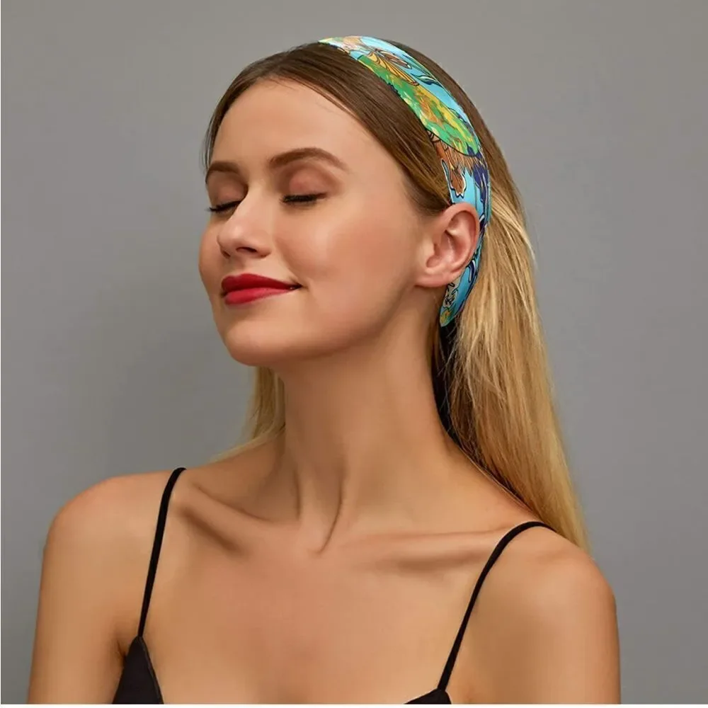 Bright Blue Patterned Silky Scarf